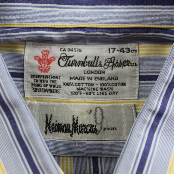 Turnbull Asser Shirt Men 17 43 Stripe French Cuff Button Up Blue Yellow Business - Picture 4 of 7